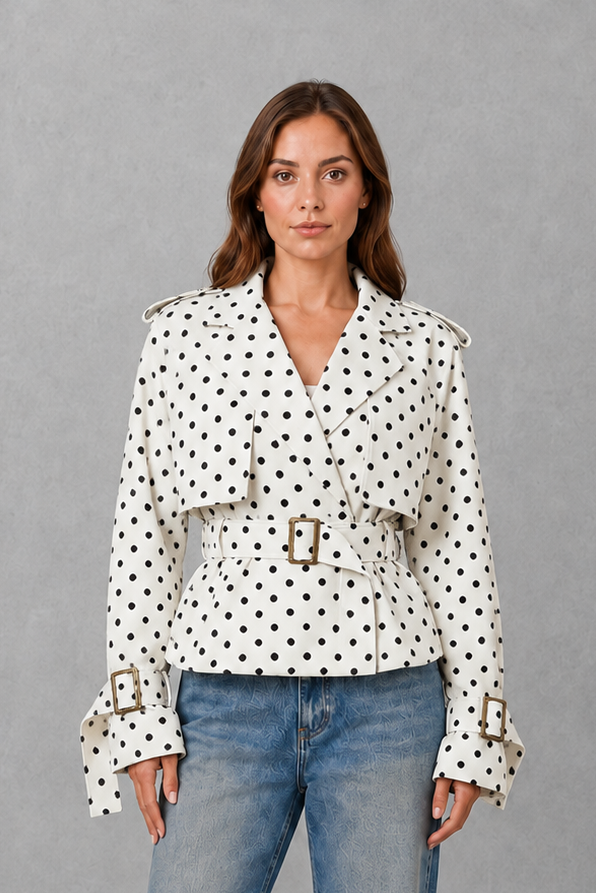 Women Cropped Double-Breasted Belted Cotton Trench Coat - Image 12