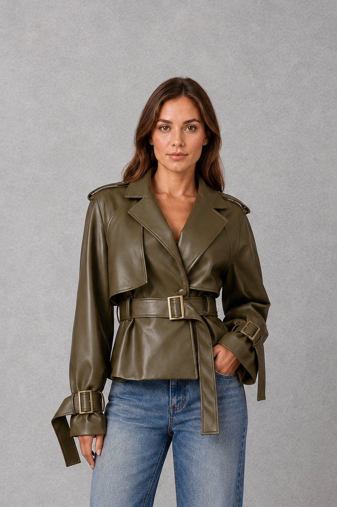 Women Cropped Double-Breasted Belted Cotton Trench Coat - Image 13