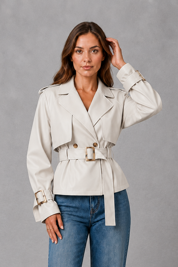 Women Cropped Double-Breasted Belted Cotton Trench Coat - Image 11