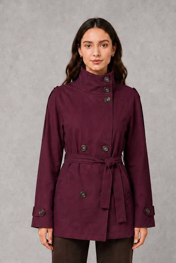 Women's Cropped Double-Breasted Belted Jacket High Collar