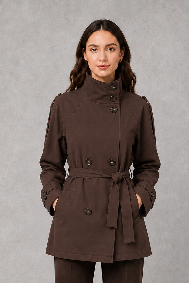 Women's Cropped Double-Breasted Belted Jacket High Collar - Image 6