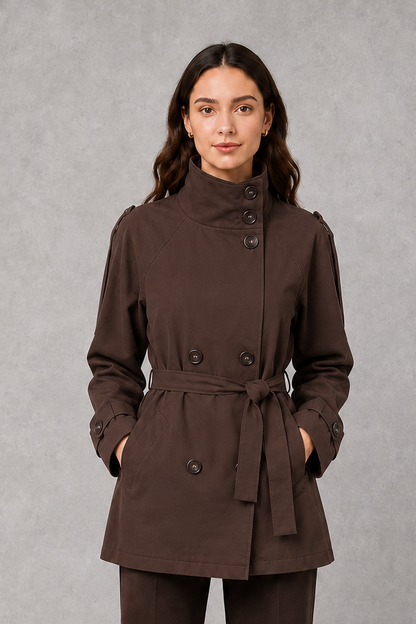 Women's Cropped Double-Breasted Belted Jacket High Collar - Image 6