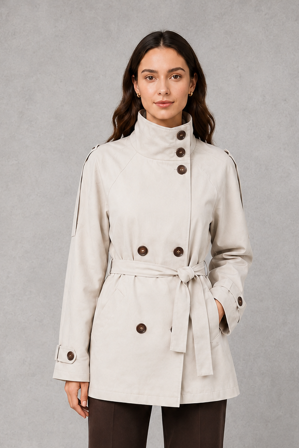 Women's Cropped Double-Breasted Belted Jacket High Collar - Image 7