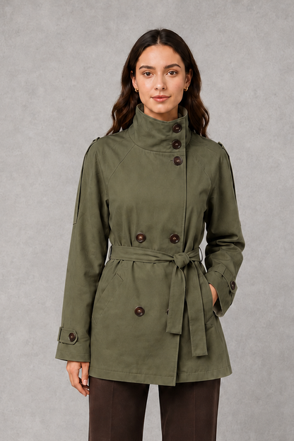 Women's Cropped Double-Breasted Belted Jacket High Collar - Image 8