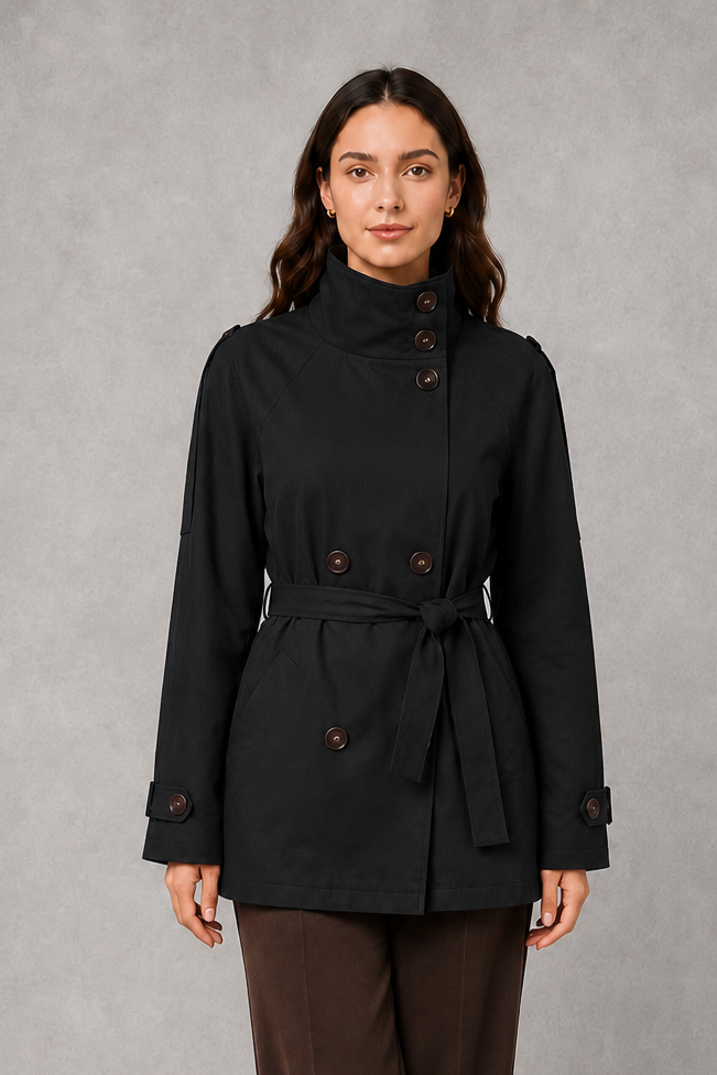 Women's Cropped Double-Breasted Belted Jacket High Collar - Image 9