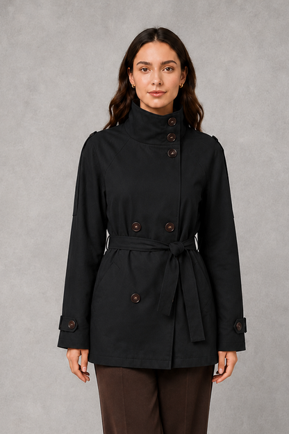 Women's Cropped Double-Breasted Belted Jacket High Collar - Image 9
