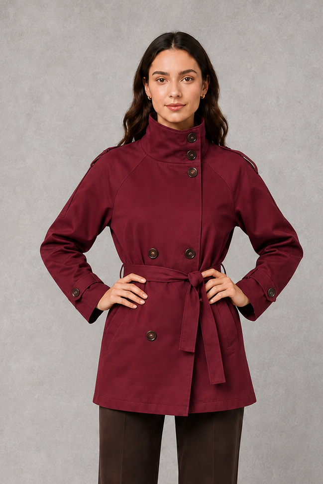 Women's Cropped Double-Breasted Belted Jacket High Collar - Image 10