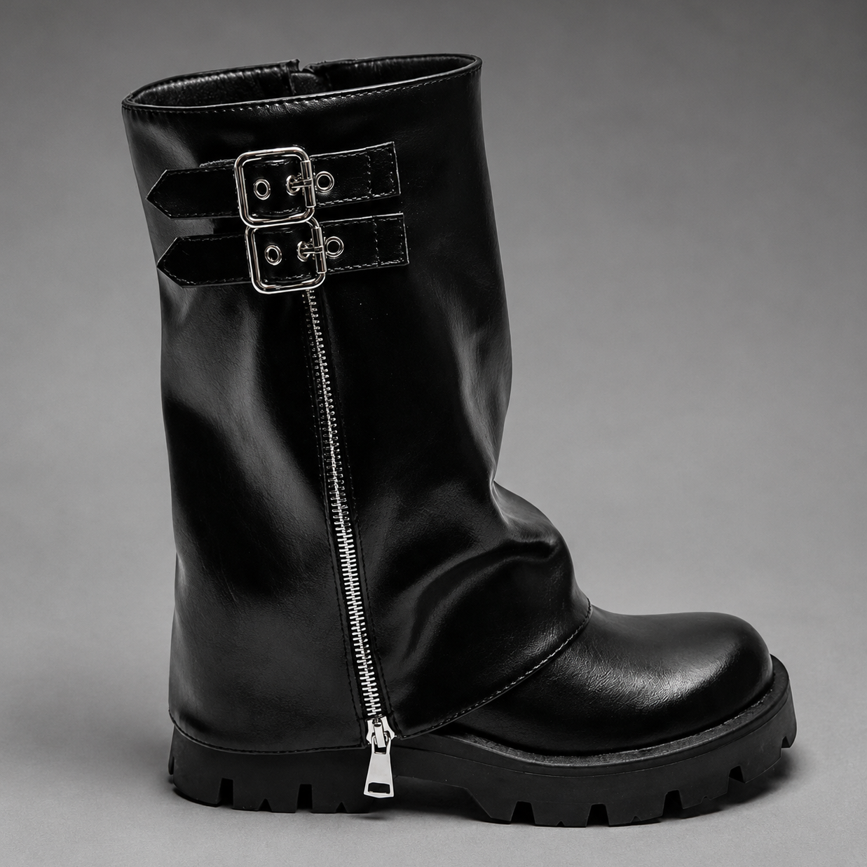 Women Leather Knee High Boots Chunky Sole Buckle Zip - Image 4