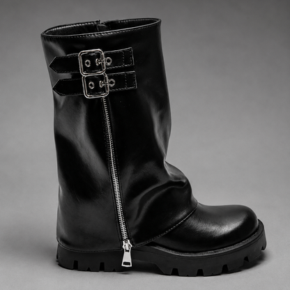 Women Leather Knee High Boots Chunky Sole Buckle Zip - Image 4