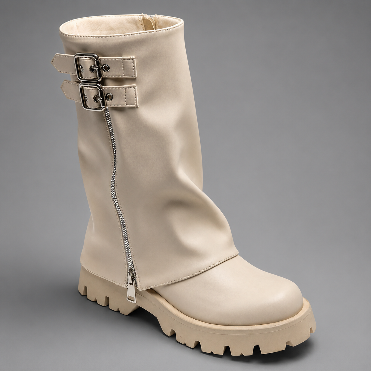 Women Leather Knee High Boots Chunky Sole Buckle Zip - Image 8