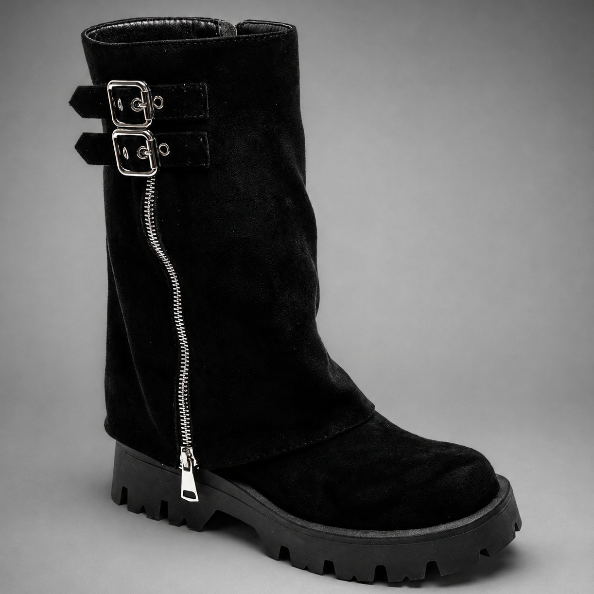 Women Leather Knee High Boots Chunky Sole Buckle Zip - Image 7