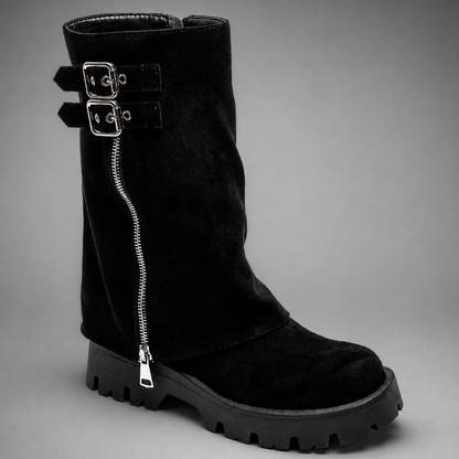 Women Leather Knee High Boots Chunky Sole Buckle Zip - Image 7
