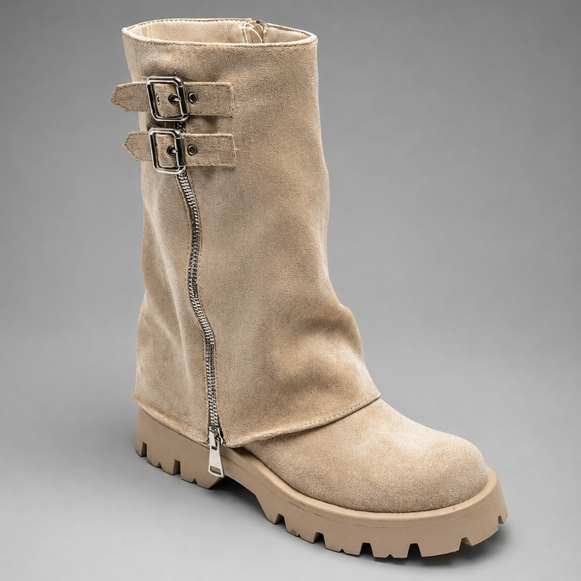 Women Leather Knee High Boots Chunky Sole Buckle Zip - Image 5