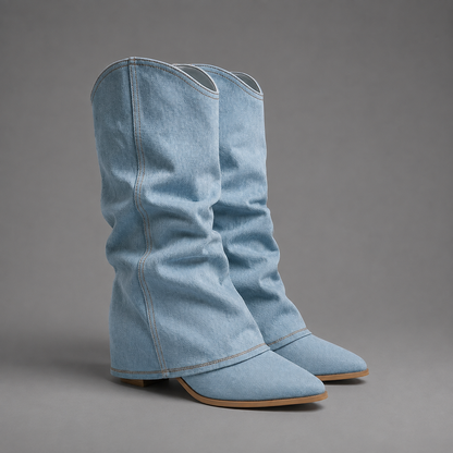 Women Denim Knee High Block Heel Boots Pointed Toe