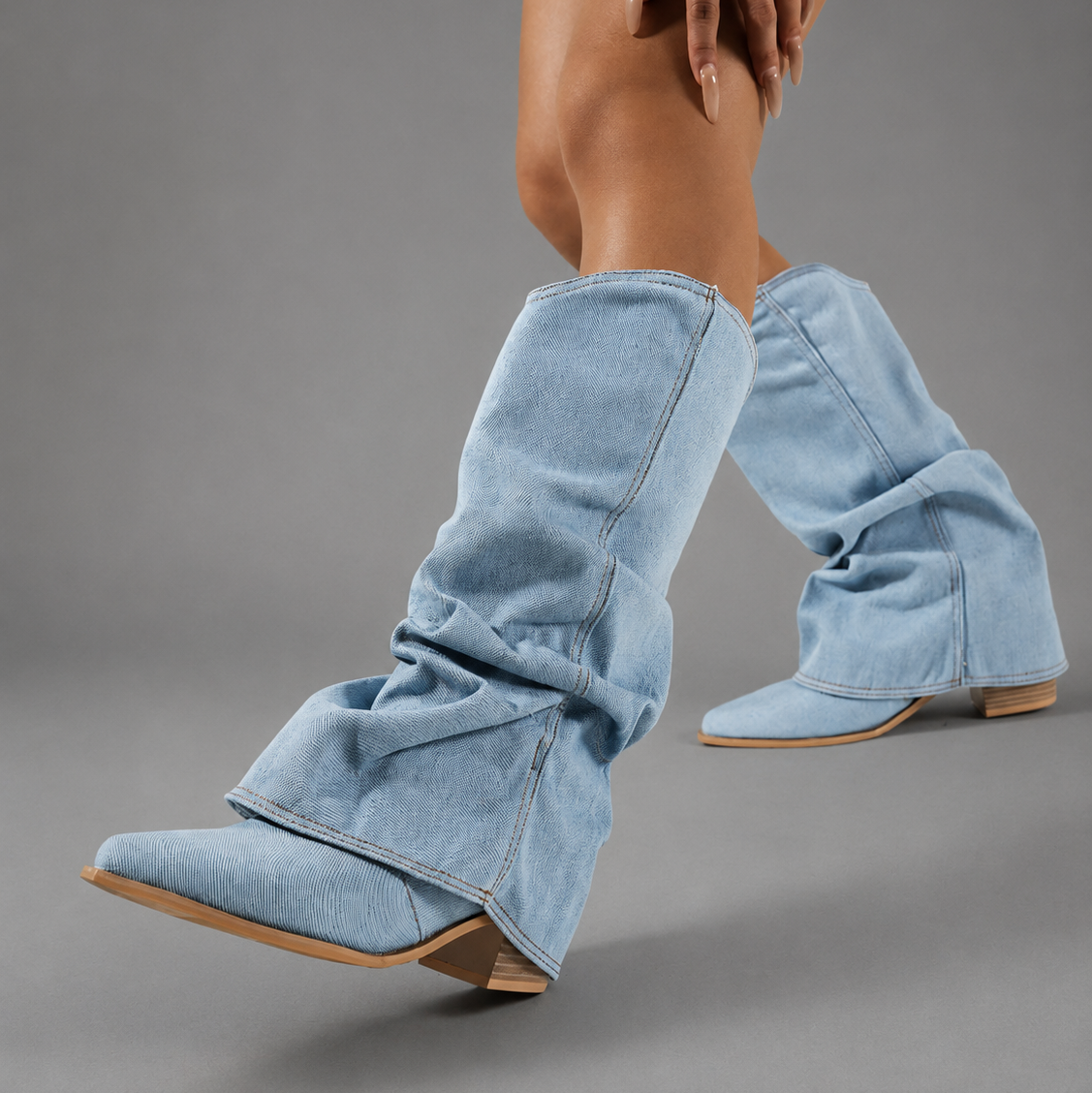 Women Denim Knee High Block Heel Boots Pointed Toe - Image 4