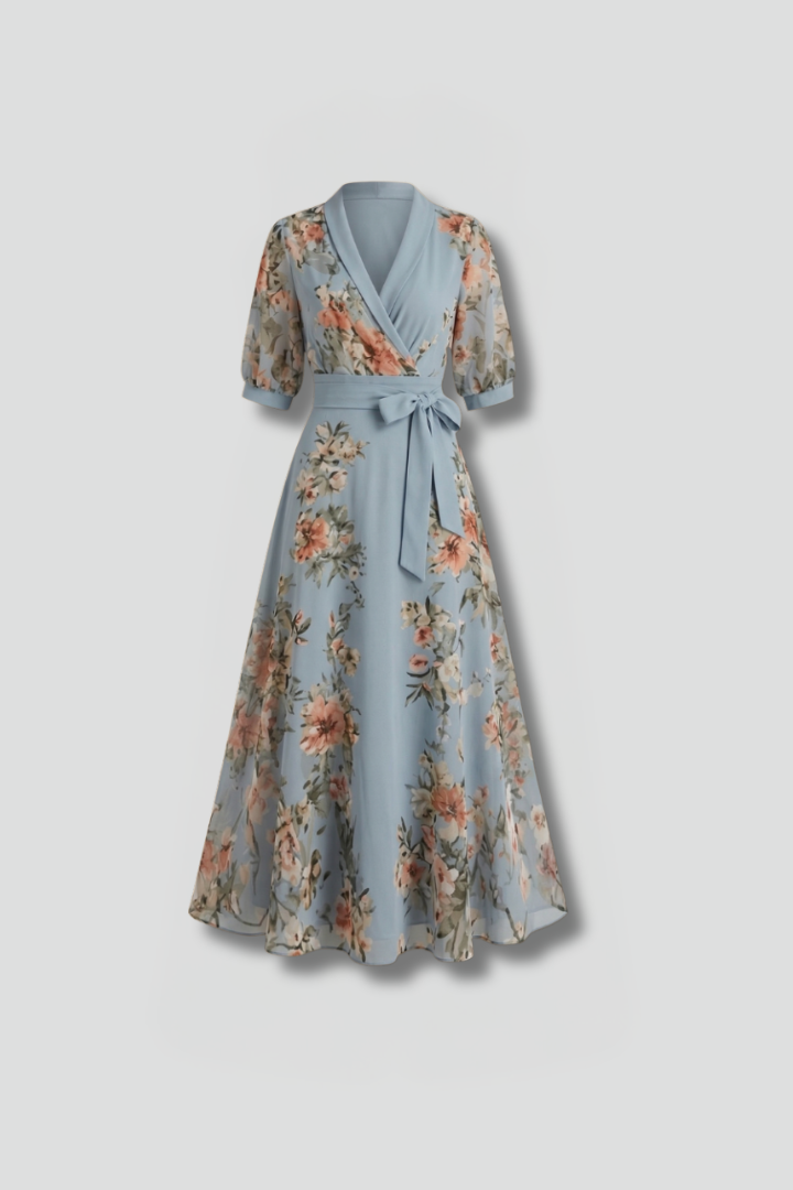 Women Floral V-Neck Short Sleeve A-Line Midi Dress