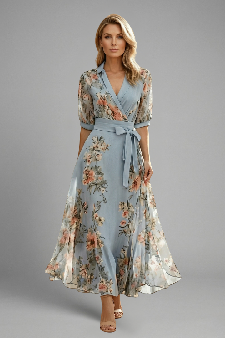Women Floral V-Neck Short Sleeve A-Line Midi Dress - Image 2