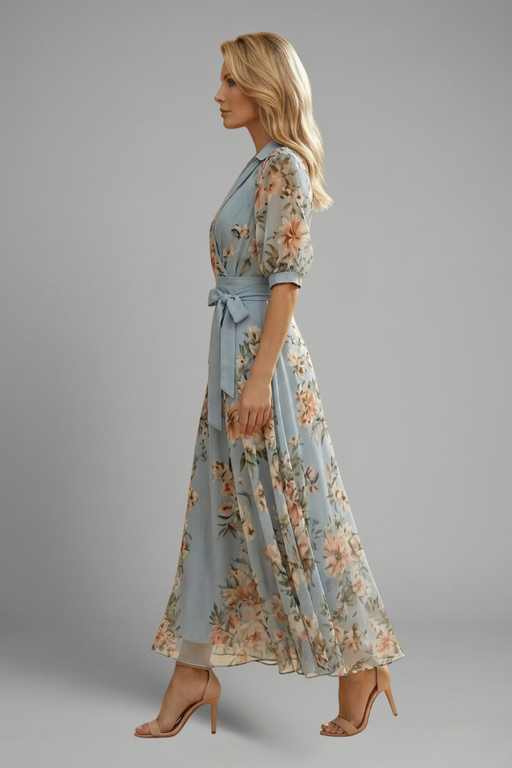 Women Floral V-Neck Short Sleeve A-Line Midi Dress - Image 3