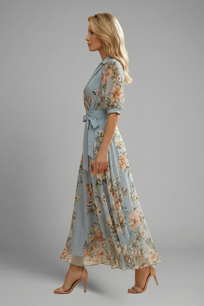 Women Floral V-Neck Short Sleeve A-Line Midi Dress - Image 3
