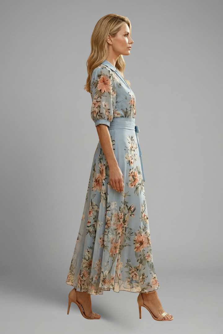 Women Floral V-Neck Short Sleeve A-Line Midi Dress - Image 4