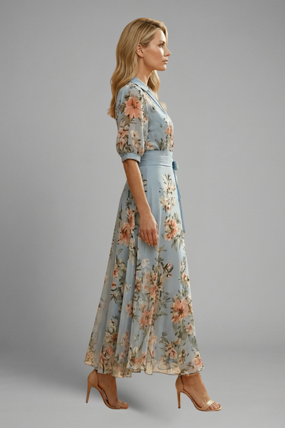 Women Floral V-Neck Short Sleeve A-Line Midi Dress - Image 4