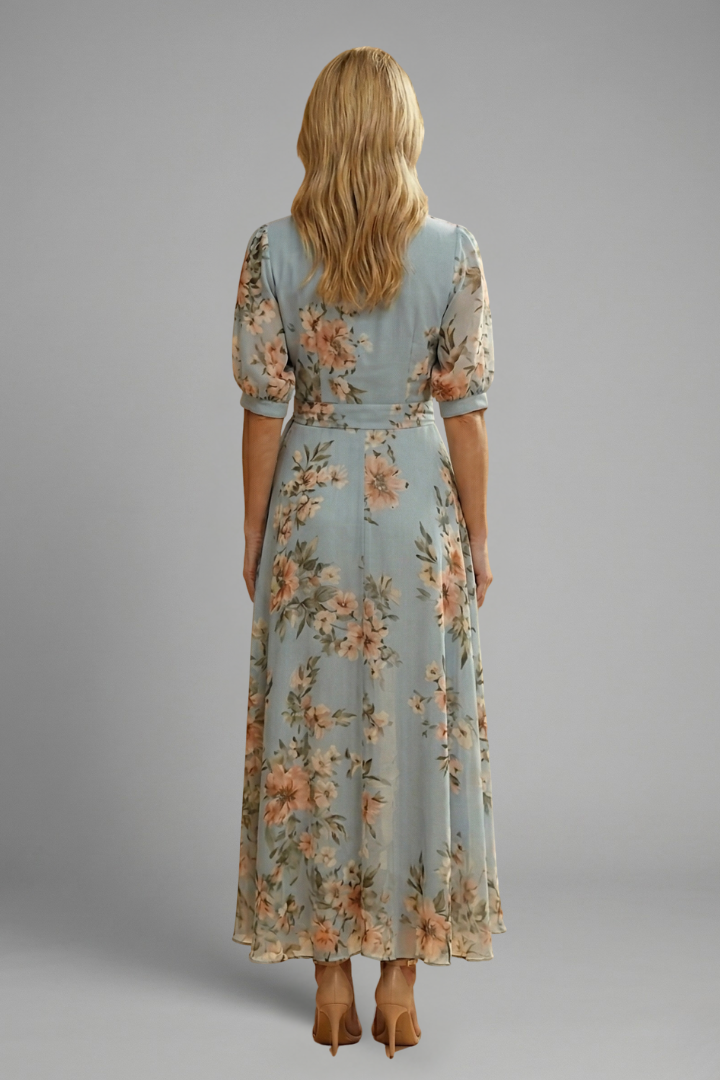 Women Floral V-Neck Short Sleeve A-Line Midi Dress - Image 5