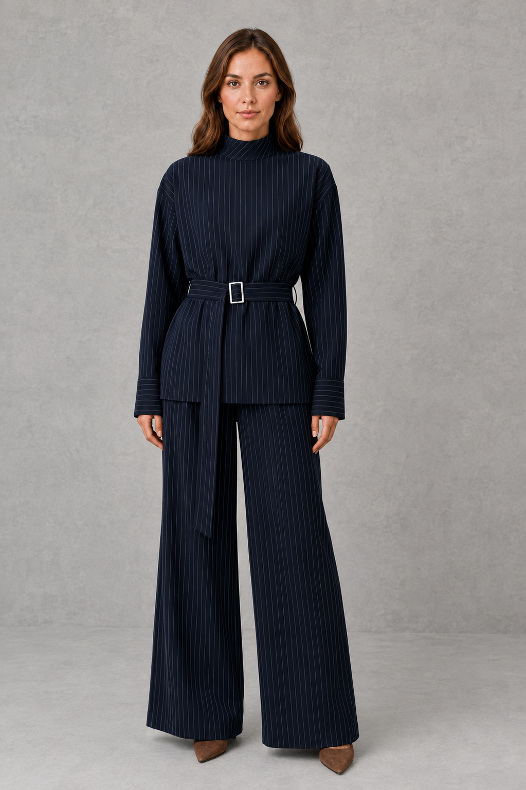 Women Navy Pinstripe Two Piece Wide Leg Pants Set