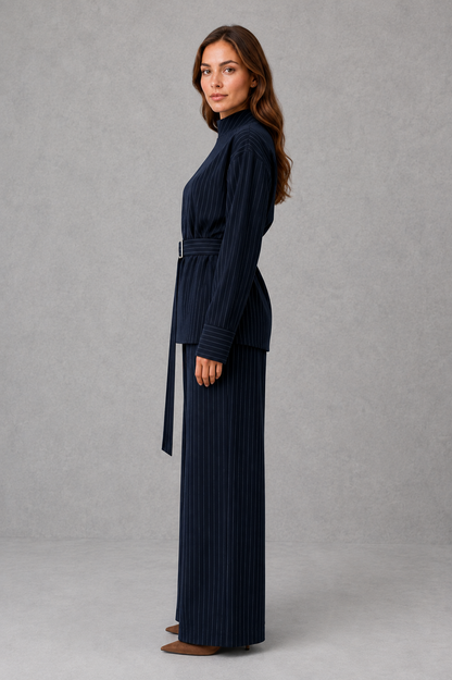 Women Navy Pinstripe Two Piece Wide Leg Pants Set - Image 2