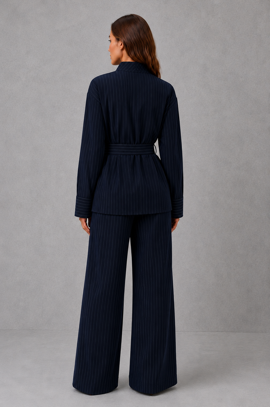 Women Navy Pinstripe Two Piece Wide Leg Pants Set - Image 4