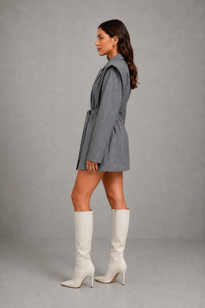 Women Pinstripe Belted Longline Blazer Tailored - Image 2