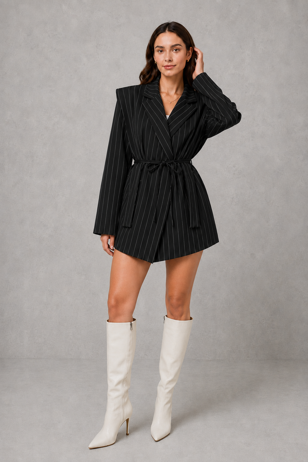 Women Pinstripe Belted Longline Blazer Tailored - Image 5