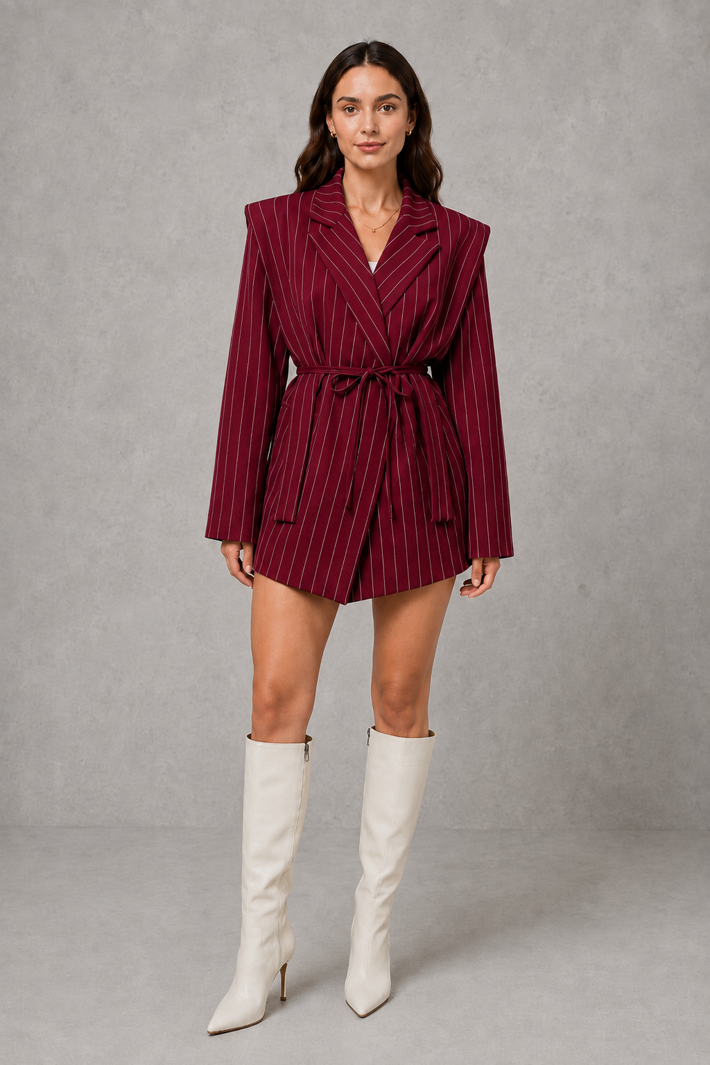 Women Pinstripe Belted Longline Blazer Tailored - Image 6