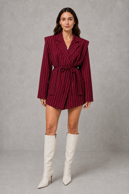 Women Pinstripe Belted Longline Blazer Tailored - Image 6