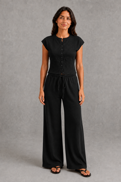 Women Knit Two Piece Set Sleeveless Top Wide Leg Pants