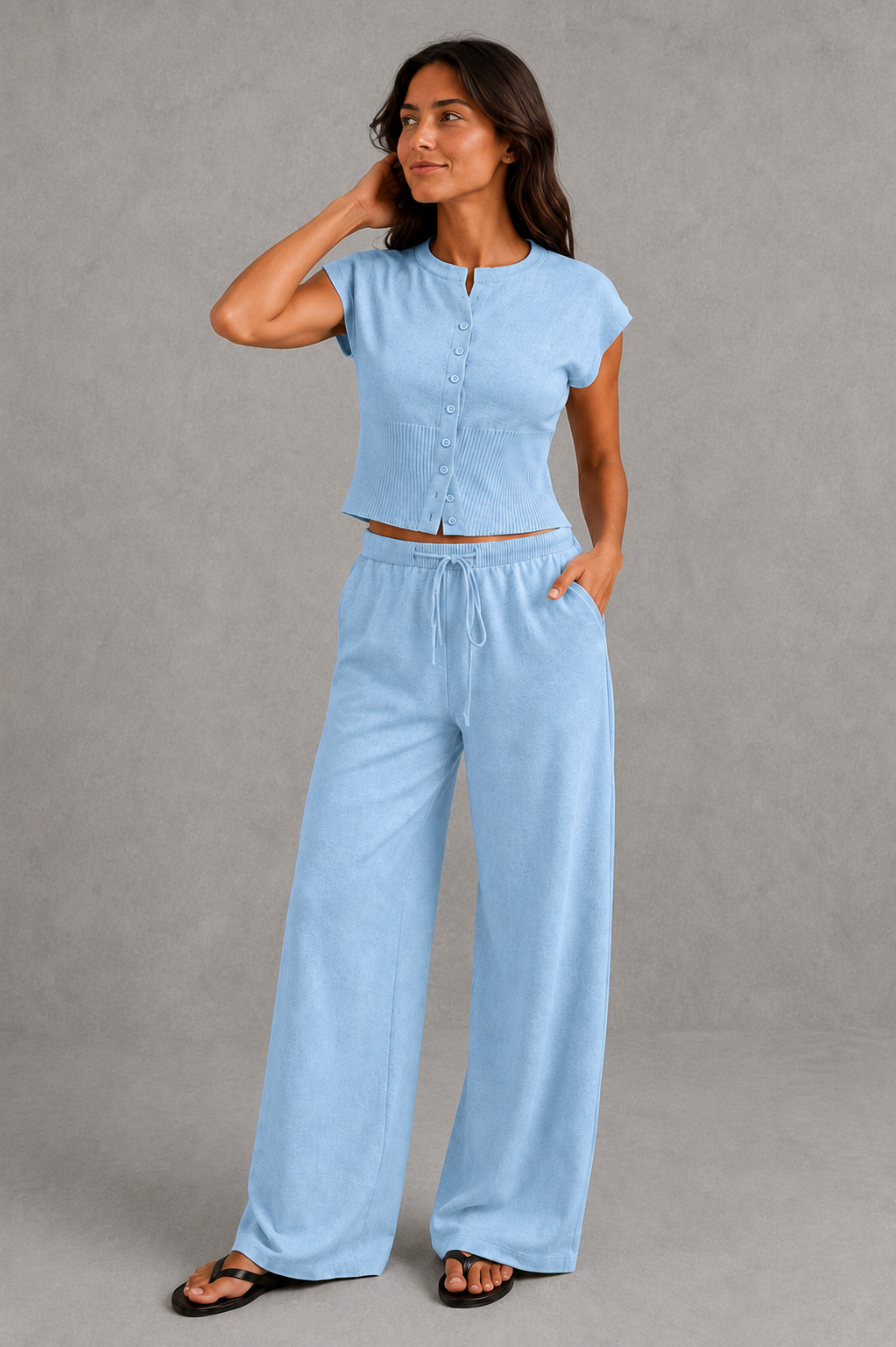 Women Knit Two Piece Set Sleeveless Top Wide Leg Pants - Image 5