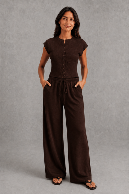 Women Knit Two Piece Set Sleeveless Top Wide Leg Pants - Image 7