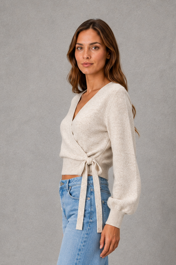 Women Knit Wrap V-Neck Long Sleeve Sweater - Image 2