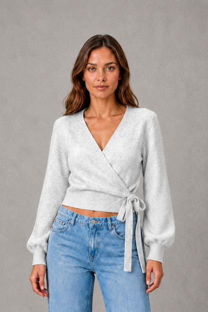 Women Knit Wrap V-Neck Long Sleeve Sweater - Image 8