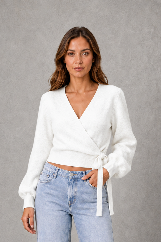 Women Knit Wrap V-Neck Long Sleeve Sweater - Image 6