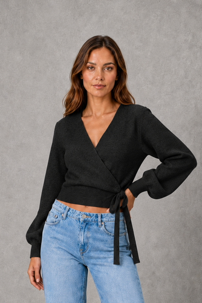 Women Knit Wrap V-Neck Long Sleeve Sweater - Image 9