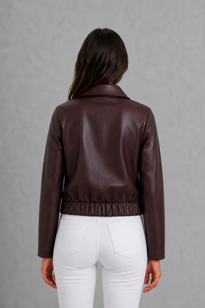 Women's Burgundy Faux Leather Moto Jacket - Image 4