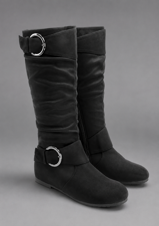 Women's Black Slouch Boots – Buckle Accent Mid-Calf Casual Everyday Slip On Shoes