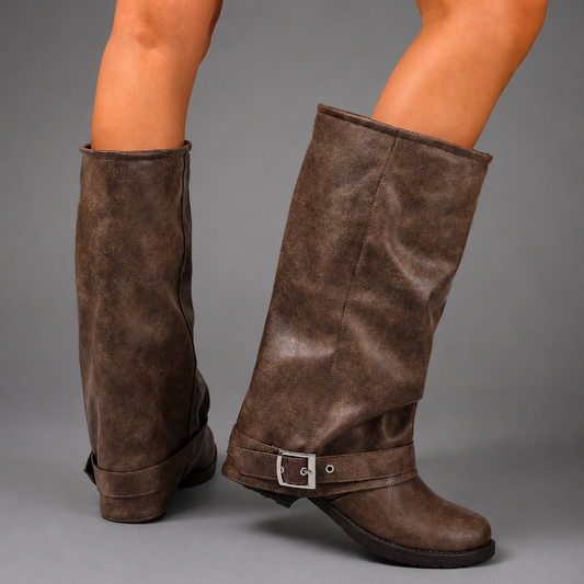 Women's Black Slouchy Knee High Boots Block Heel Buckle Strap