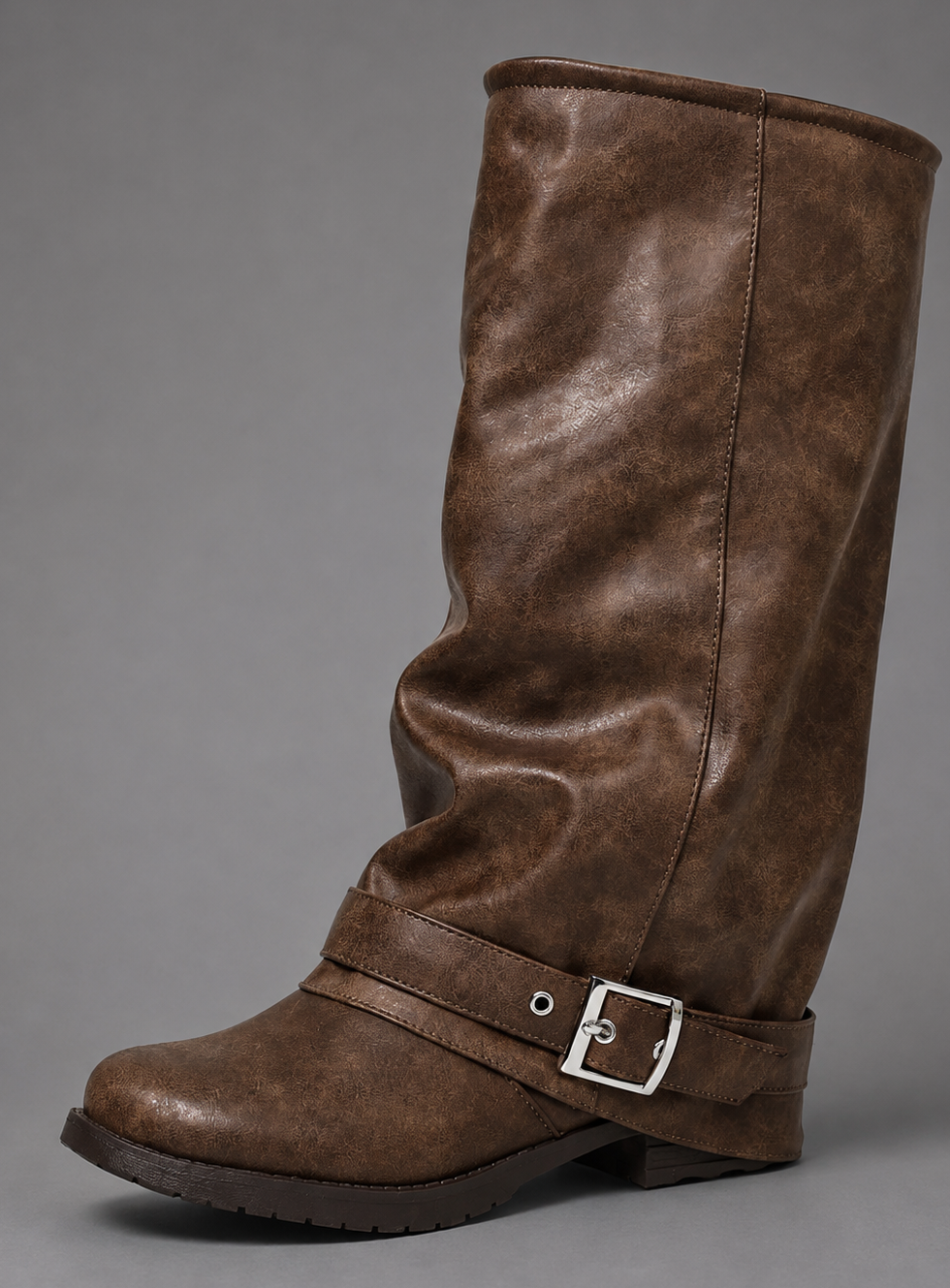 Women's Black Slouchy Knee High Boots Block Heel Buckle Strap - Image 2
