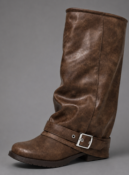 Women's Black Slouchy Knee High Boots Block Heel Buckle Strap - Image 2