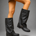 Women's Black Slouchy Knee High Boots Block Heel Buckle Strap - Image 4