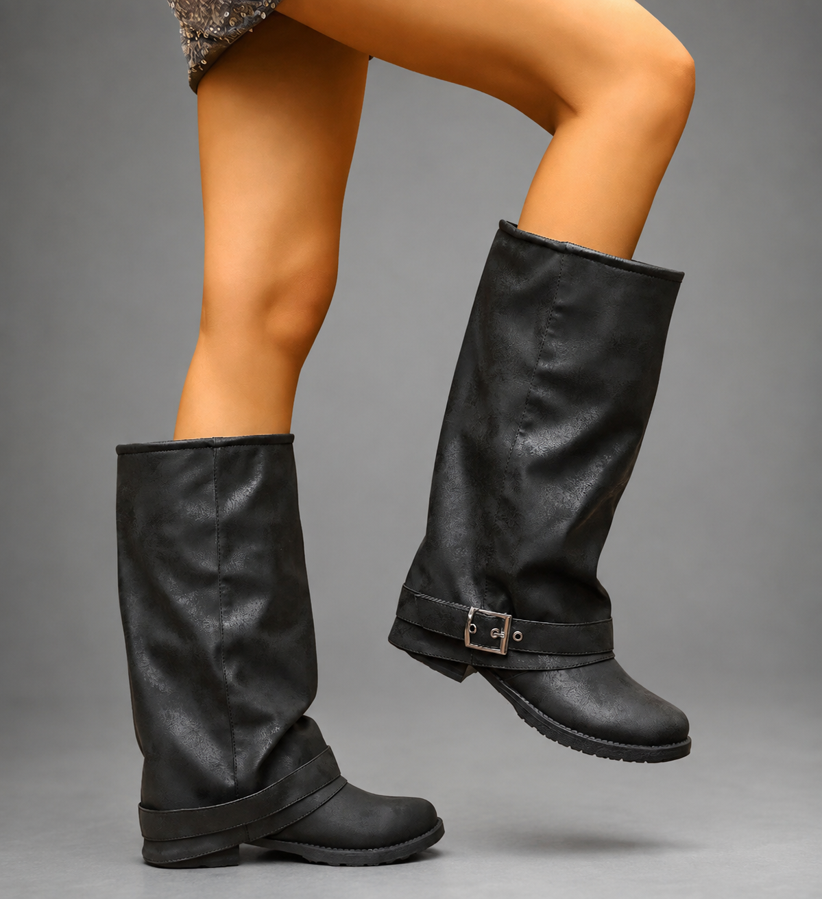 Women's Black Slouchy Knee High Boots Block Heel Buckle Strap - Image 4