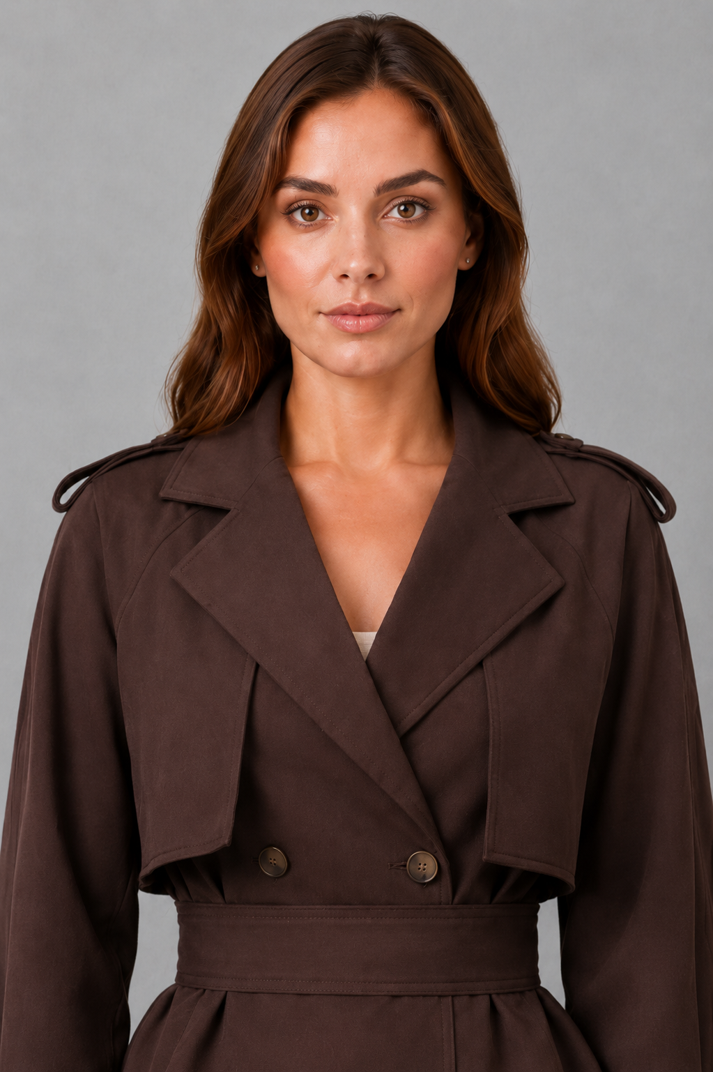 Women Cropped Double-Breasted Belted Cotton Trench Coat - Image 3