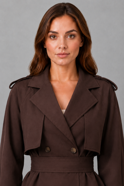 Women Cropped Double-Breasted Belted Cotton Trench Coat - Image 3