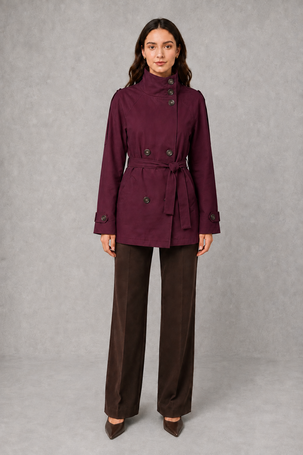 Women's Cropped Double-Breasted Belted Jacket High Collar - Image 4